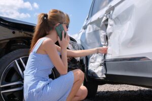 girl on phone by smashed car, seeking emergency help after accident. Focus on road safety and insurance.