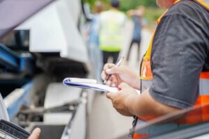 An investigator in a safety vest takes notes at the scene of a truck accident for a claim investigation.