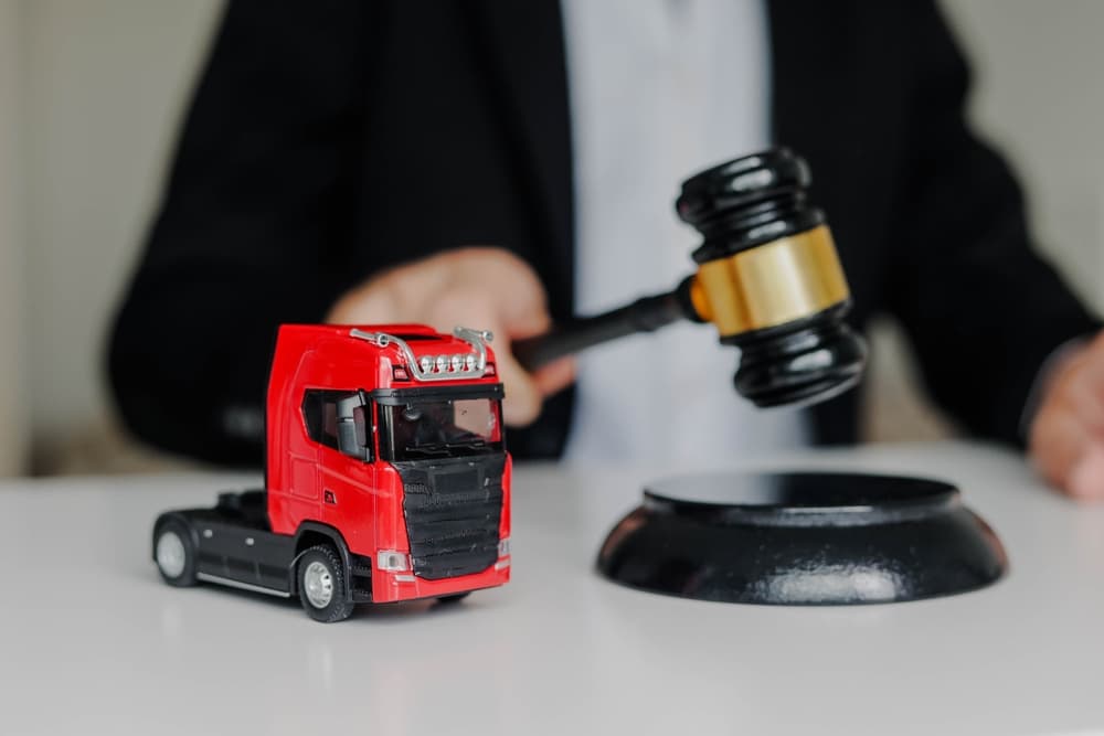 A truck accident lawyer with gavel in hand a model of truck on the table